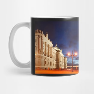 Royal Palace, Palace, Palacio Real on Plaza de Oriente at dusk, Madrid, Spain, Europe Mug